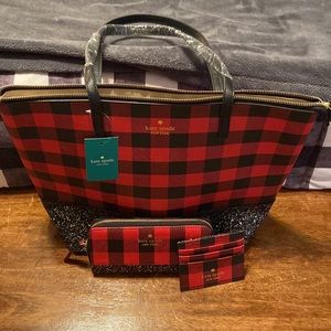 NWT Kade Spade Plaid & Glitter 3 piece set: Purse, Wallet, Card Holder
